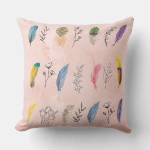 Boho Watercolor Feathers with Floral Line Drawings Cushion