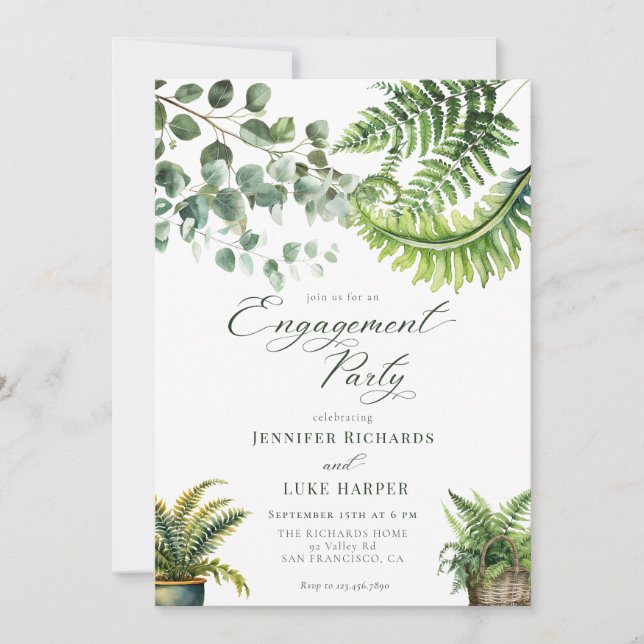 Boho Watercolor Fern Eucalyptus Engagement Party Invitation (Front)