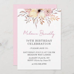 Boho Watercolor Floral 70th Birthday Party Invite