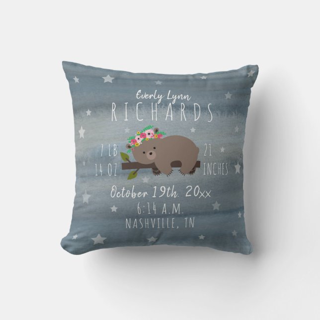 Boho Watercolor Floral Bear Birth Stats Nursery Cushion (Front)