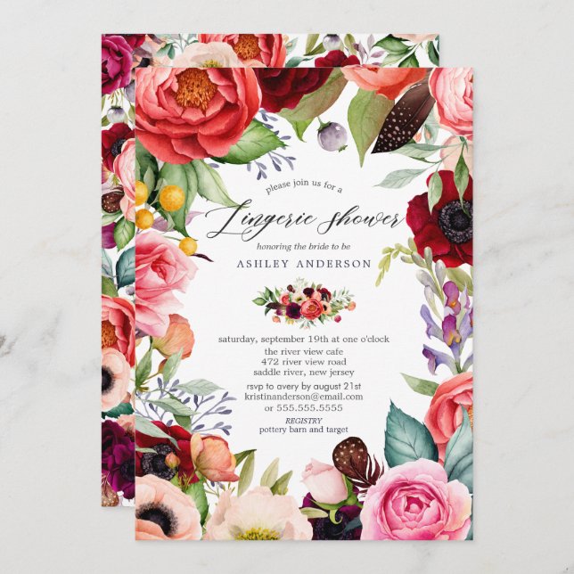 Boho Watercolor Floral Bridal Lingerie Shower Invitation (Front/Back)