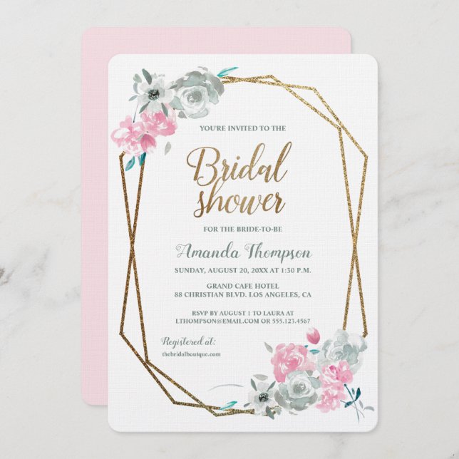 Boho Watercolor Floral bridal shower Pink Gold Invitation (Front/Back)