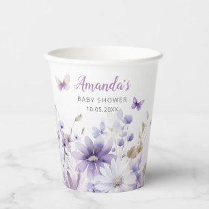 Boho Watercolor Floral Butterfly Girl Baby Shower Paper Cups