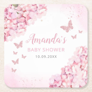 Boho Watercolor Floral Butterfly Girl Baby Shower Square Paper Coaster