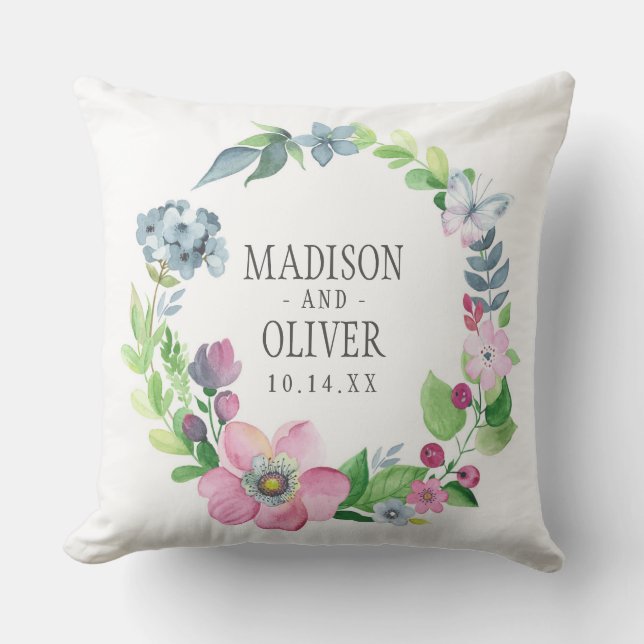 Boho Watercolor Floral & Butterfly | Wedding Cushion (Front)