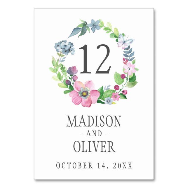 Boho Watercolor Floral & Butterfly | Wedding Table Number (Front)