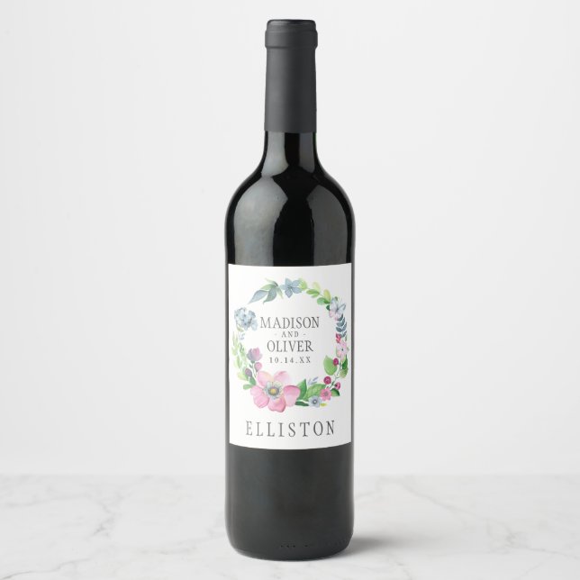 Boho Watercolor Floral & Butterfly | Wedding Wine Label (Front)