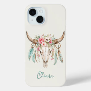 Boho Watercolor Floral Cow Skull iPhone 15 Case