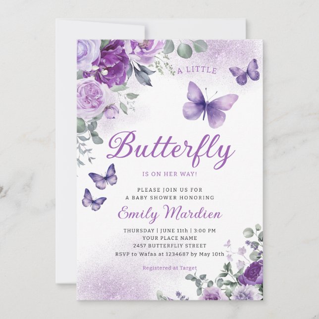 Boho Watercolor Floral Girl Butterfly Baby Shower Invitation (Front)