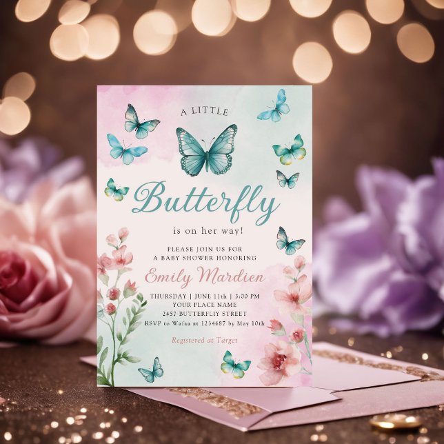 Boho Watercolor Floral Girl Butterfly Baby Shower Invitation (Creator Uploaded)