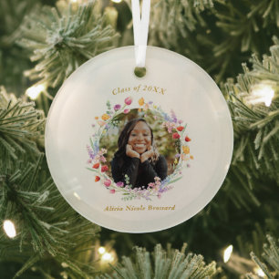 Boho Watercolor Floral Graduation Keepsake Photo Glass Tree Decoration