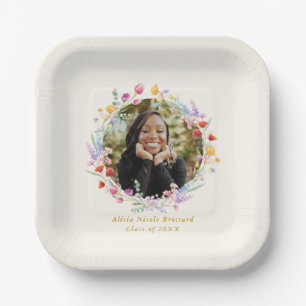 Boho Watercolor Floral Graduation Party Photo Paper Plate