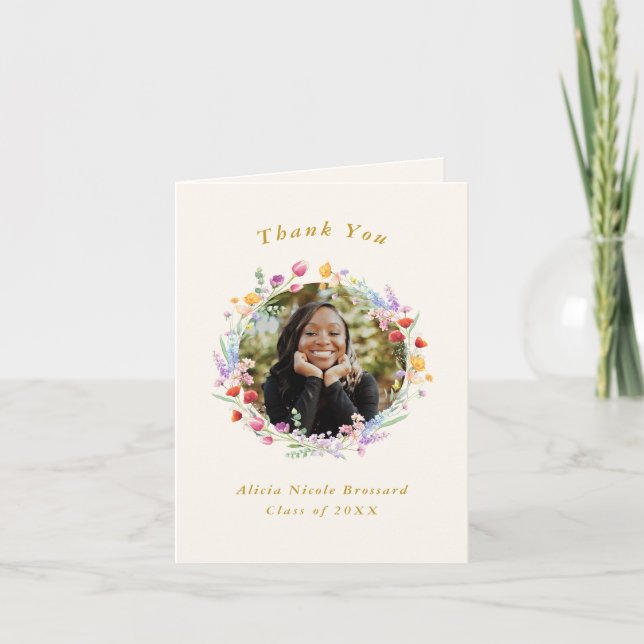 Boho Watercolor Floral Graduation Photo Thank You Card (Front)