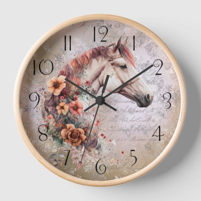 Boho Watercolor Floral Horse Clock (Front)