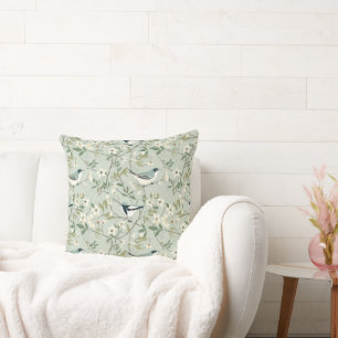 Boho Watercolor Floral in Sage and Cream Birds Cushion