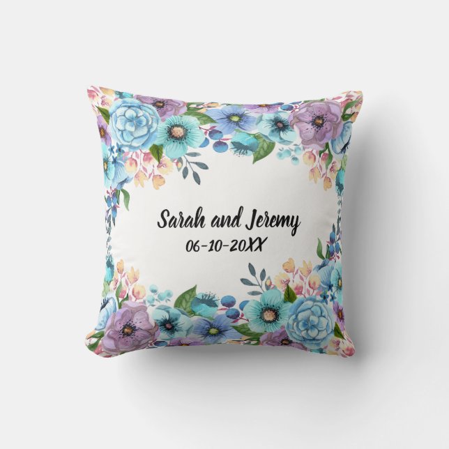 Boho Watercolor Floral Lilac & Teal Personalise Cushion (Front)