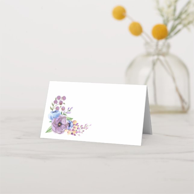 Boho Watercolor Floral Lilac & Teal Personalise Place Card (Front)