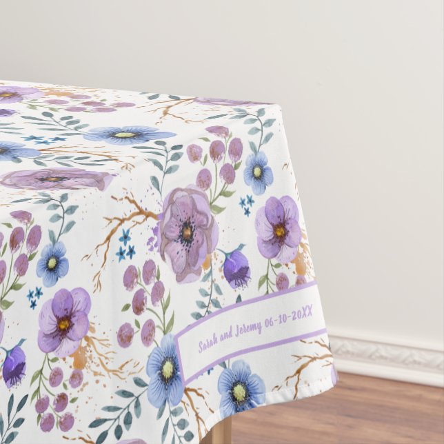 Boho Watercolor Floral Lilac & Teal Personalise Tablecloth (In Situ)