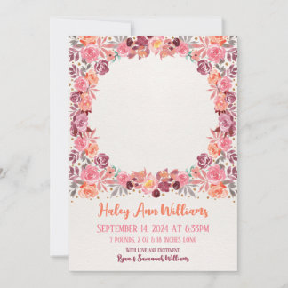 Boho Watercolor Floral Newborn Baby Girl Photo Announcement