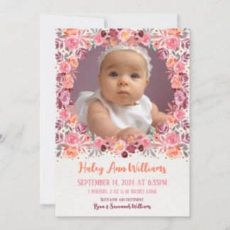 Boho Watercolor Floral Newborn Baby Girl Photo Announcement