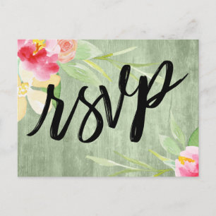 Boho Watercolor Floral on Green Rustic Wood RSVP Postcard