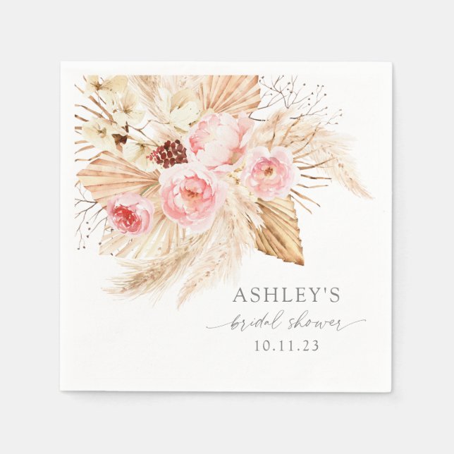Boho Watercolor floral pampas Bridal shower Napkin (Front)