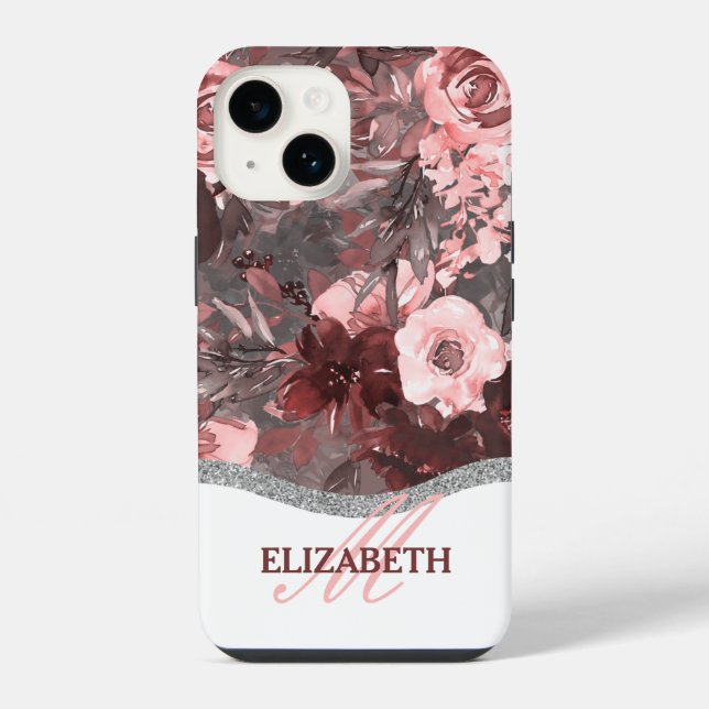 Boho Watercolor Floral Pattern - Pink Monogram iPhone Case (Back)