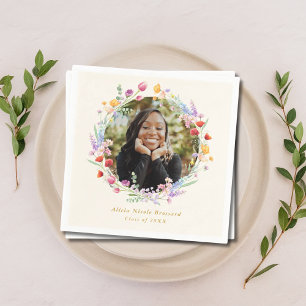 Boho Watercolor Floral Photo Graduation Napkin