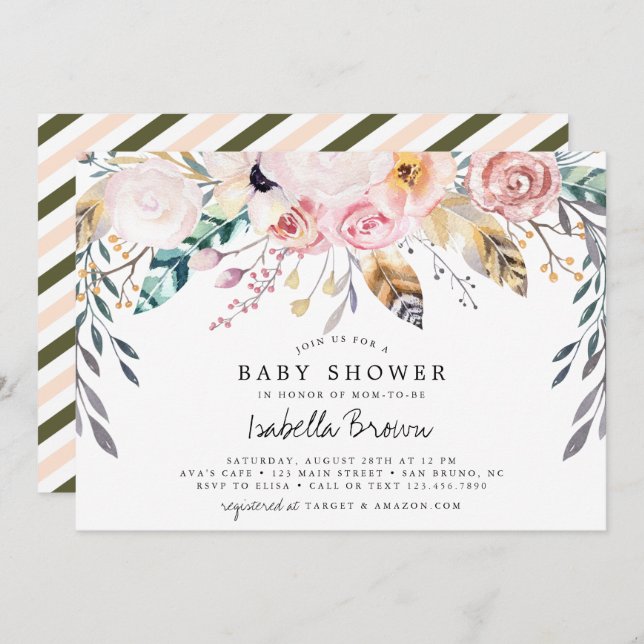 Boho watercolor flowers and feathers baby shower invitation (Front/Back)