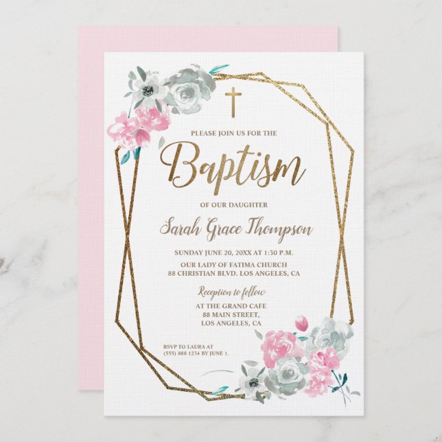 Boho Watercolor flowers baby pink Baptism Invitation (Front/Back)