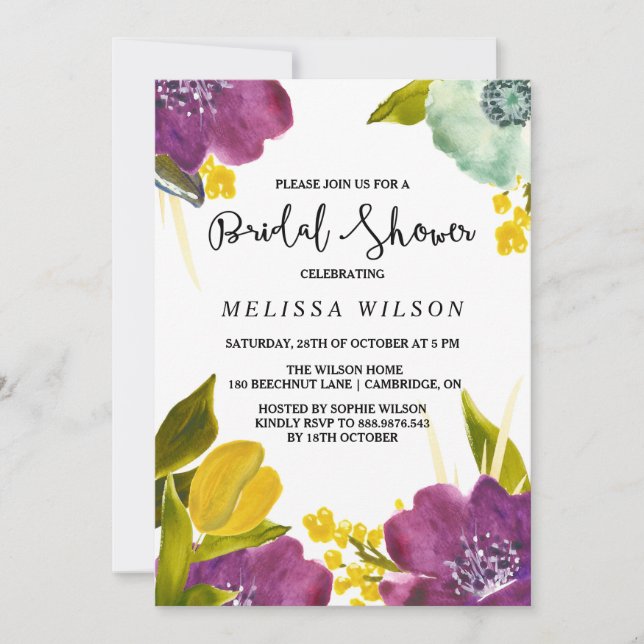 Boho Watercolor Flowers Bridal Shower Invitation (Front)