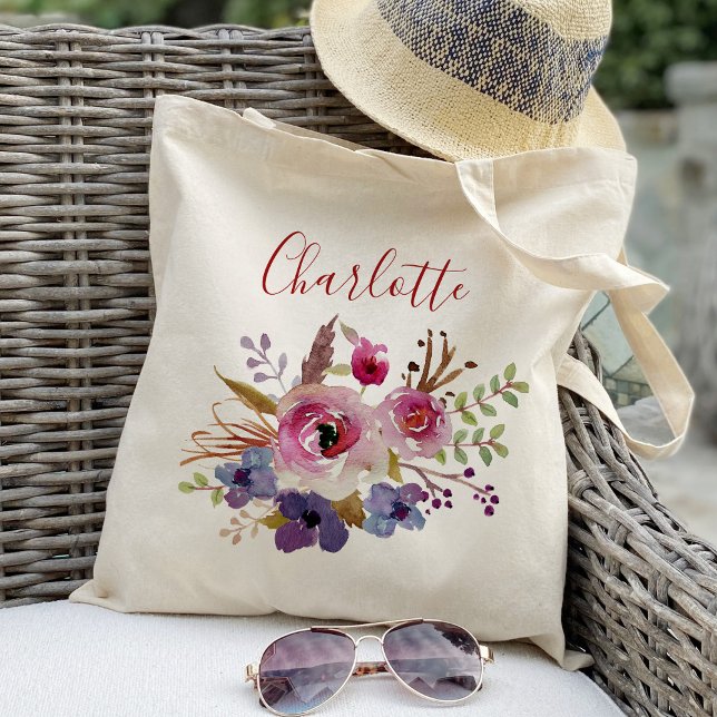 Boho watercolor flowers Bridesmaid Personalised Tote Bag (Creator Uploaded)