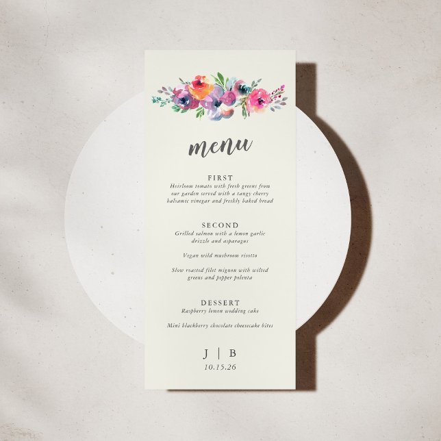 Boho Watercolor Flowers Elegant Wedding Custom Menu (Creator Uploaded)