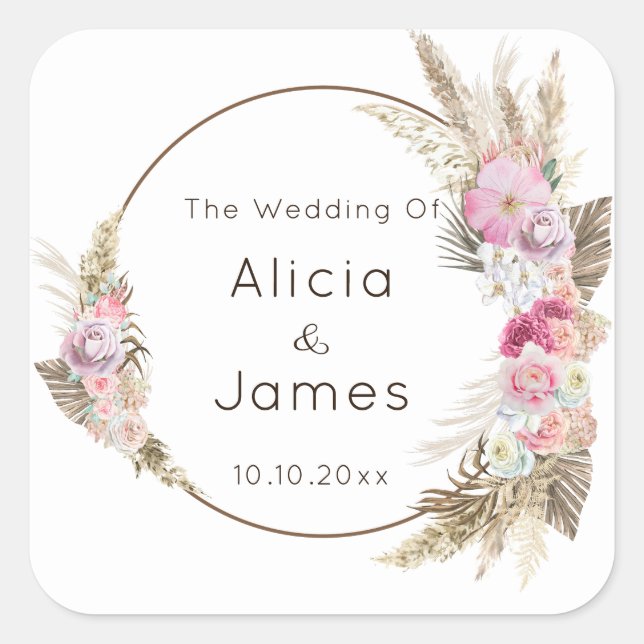 Boho Watercolor Flowers & Feathers Square Sticker (Front)