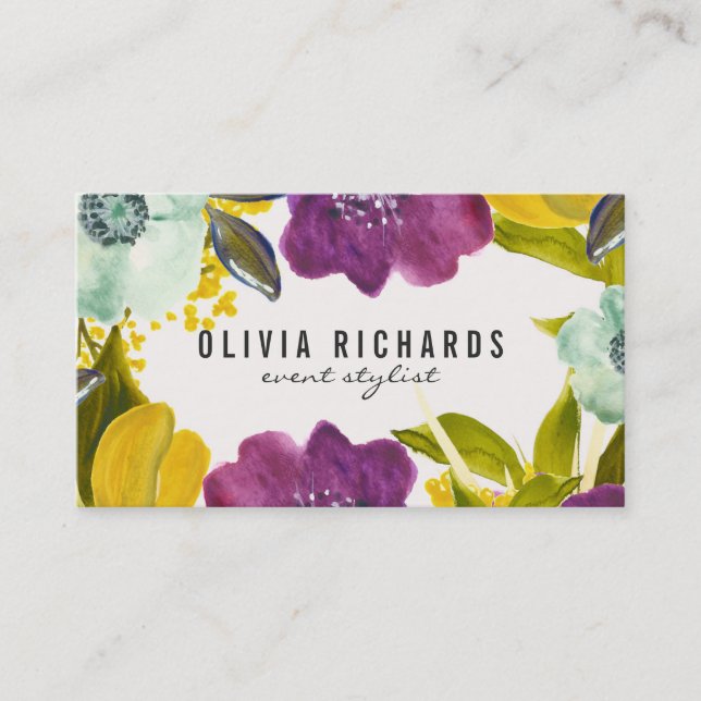 Boho Watercolor Flowers | Floral Business Card (Front)