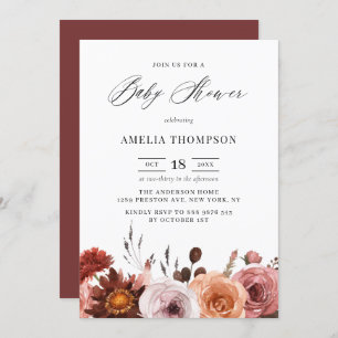 Boho Watercolor Flowers Garland Fall Baby Shower Invitation