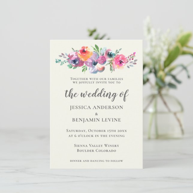 Boho Watercolor Flowers Modern Elegant Wedding Invitation (Standing Front)