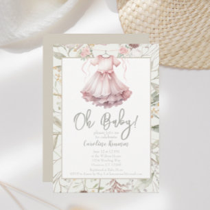 Boho Watercolor Flowers Pink Dress Baby Shower Invitation