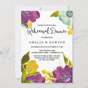 Boho Watercolor Flowers Rehearsal Dinner Invite