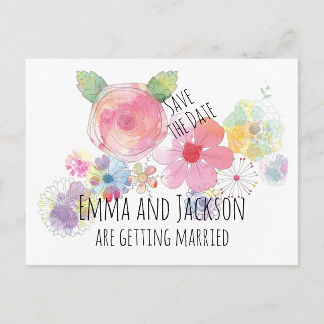 Boho Watercolor Flowers Save the Date Postcard (Front)