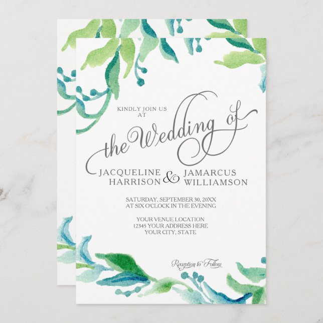 BOHO Watercolor Foliage Greenery Elegant Script Invitation (Front/Back)