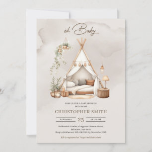 Boho watercolor green and brown baby tent neutral invitation
