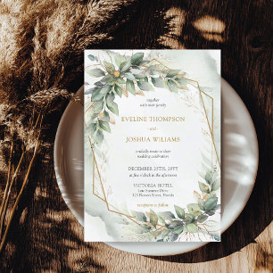 Boho Watercolor green eucalyptus and gold wedding Invitation