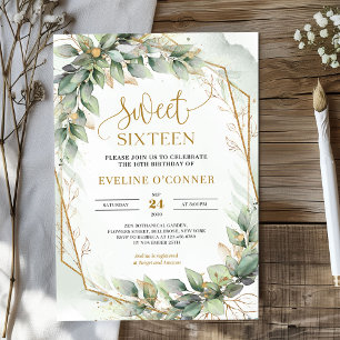 Boho watercolor green eucalyptus sweet sixteen invitation
