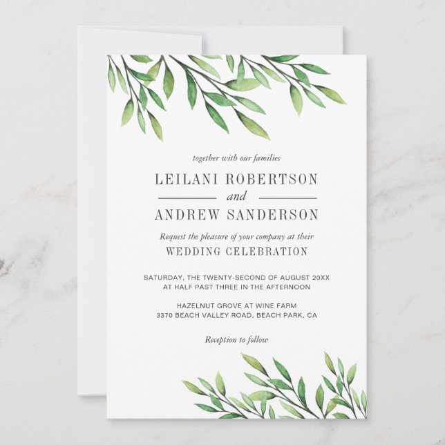 Boho Watercolor Greenery Elegant Classic Invitation (Front)