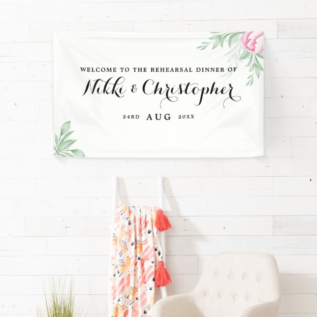 Boho Watercolor Greenery Rehearsal Dinner Banner (Insitu)