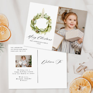 Boho Watercolor Greenery Wreath 2 Photo Holiday Postcard