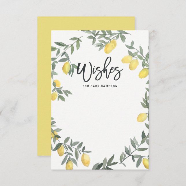 Boho Watercolor Lemon Wreath Baby Shower Wishes Advice Card (Front/Back)