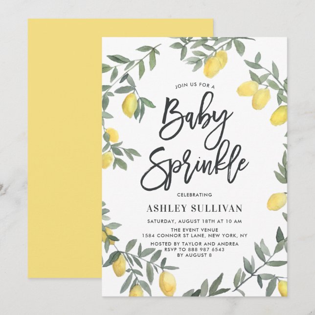 Boho Watercolor Lemon Wreath Baby Sprinkle Shower Invitation (Front/Back)