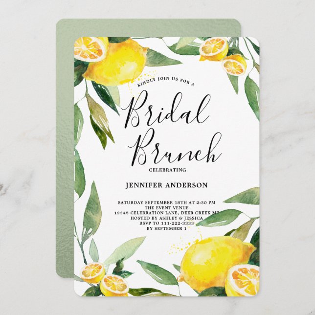 Boho Watercolor Lemon Wreath Bridal Brunch Invitation (Front/Back)
